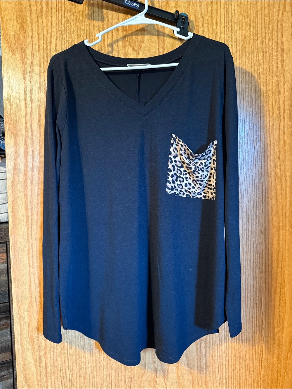 Black Long-Sleeve V-Neck Top with Leopard Pocket